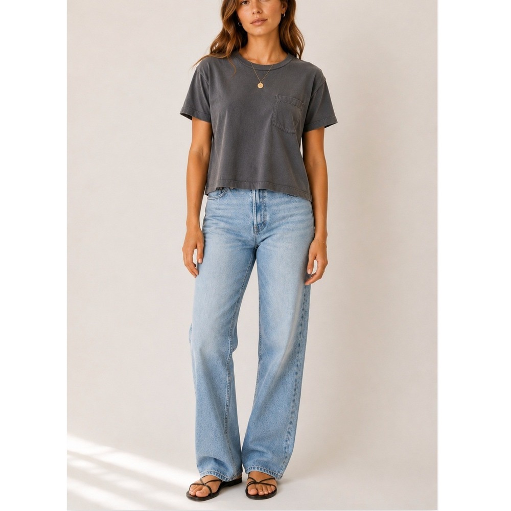 Jenni Kayne Washed Charcoal Pocket Tee Cropped Boxy Minimalist Luxury Basic - S
